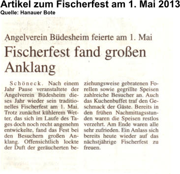 Artikel zum Fischerfest am 1. Mai 2013 Quelle: Hanauer Bote